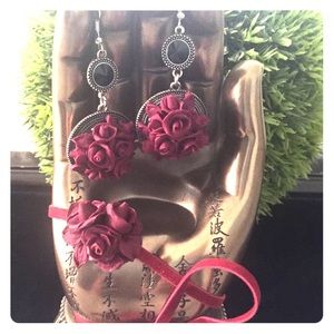 Handmade Resin Rose Earrings and Matching Chocker